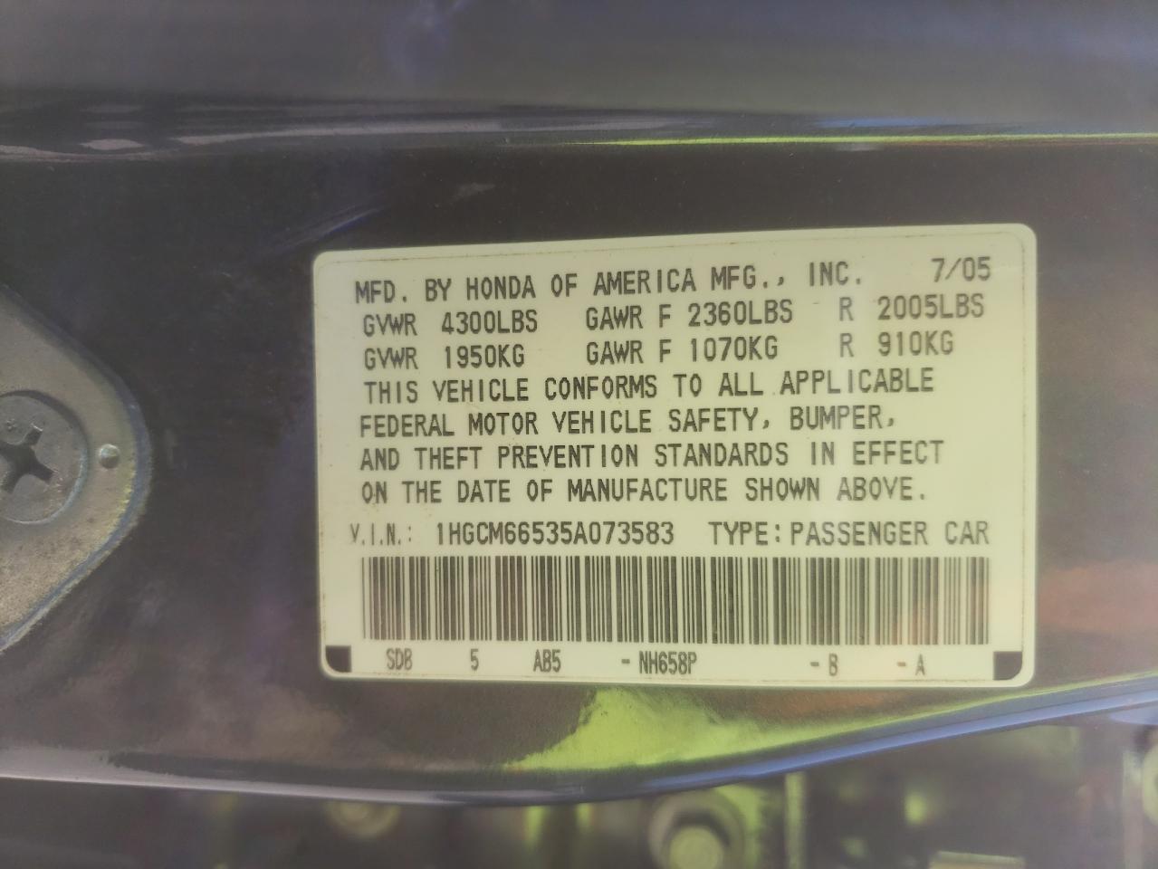 Photo 10 from auction – 2005 HONDA ACCORD EX with VIN 1HGCM66535A073583