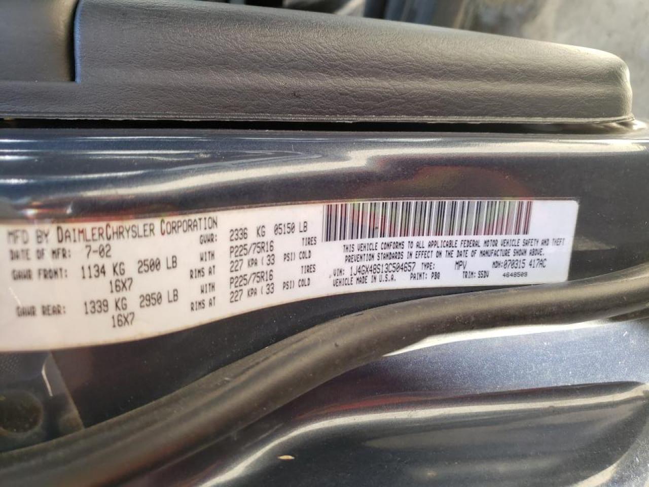 Photo 10 from auction – 2003 JEEP GRAND CHER with VIN 1J4GX48S13C504657
