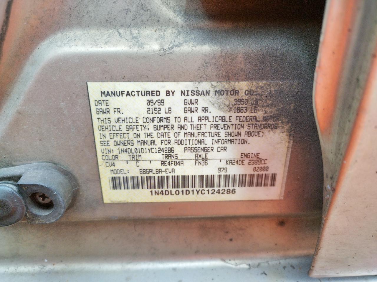 Photo 10 from auction – 2000 NISSAN ALTIMA XE with VIN 1N4DL01D1YC124286