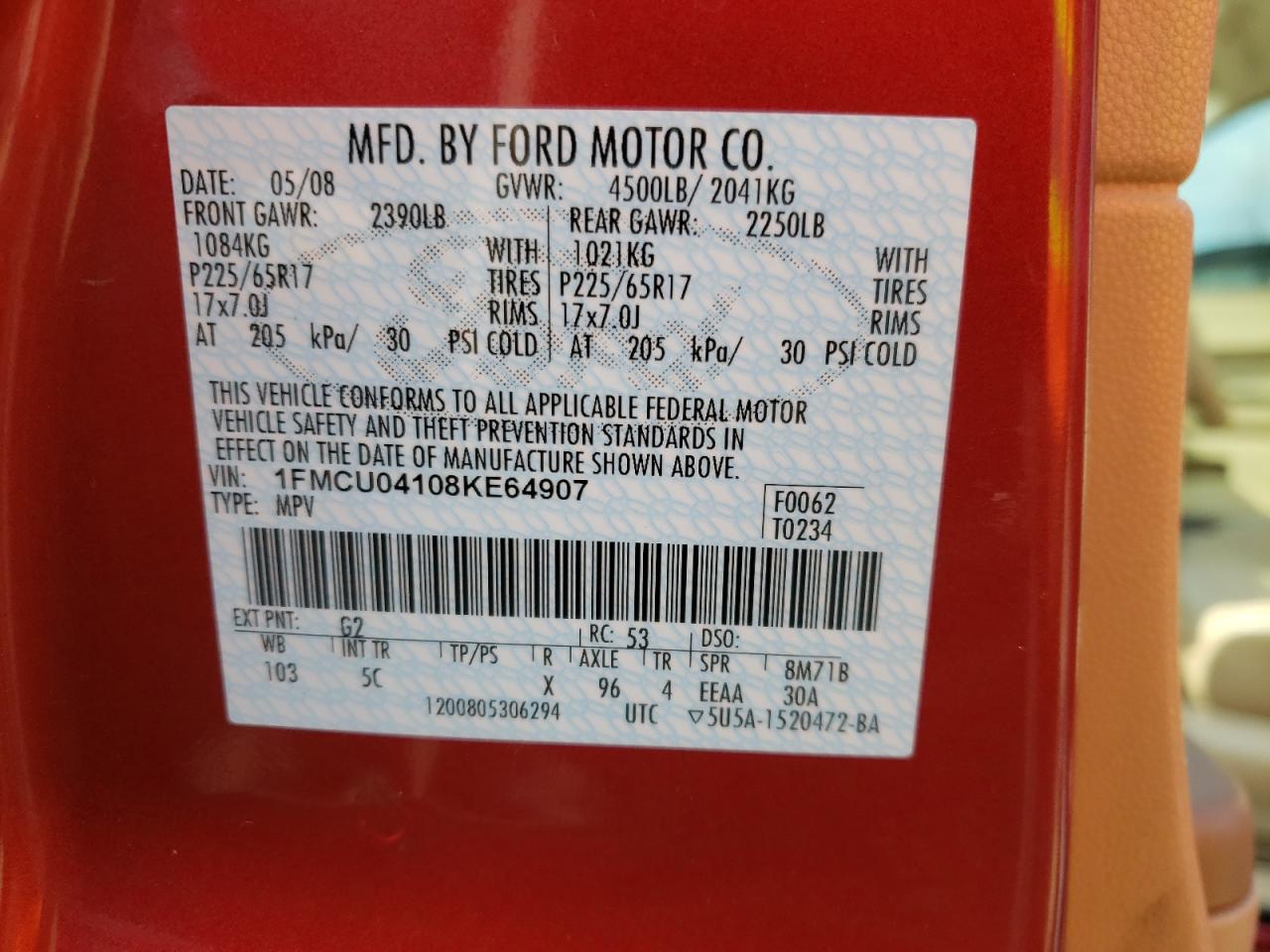 صورة رقم 10 من المزاد - 2008 FORD ESCAPE LIM مع VIN 1FMCU04108KE64907