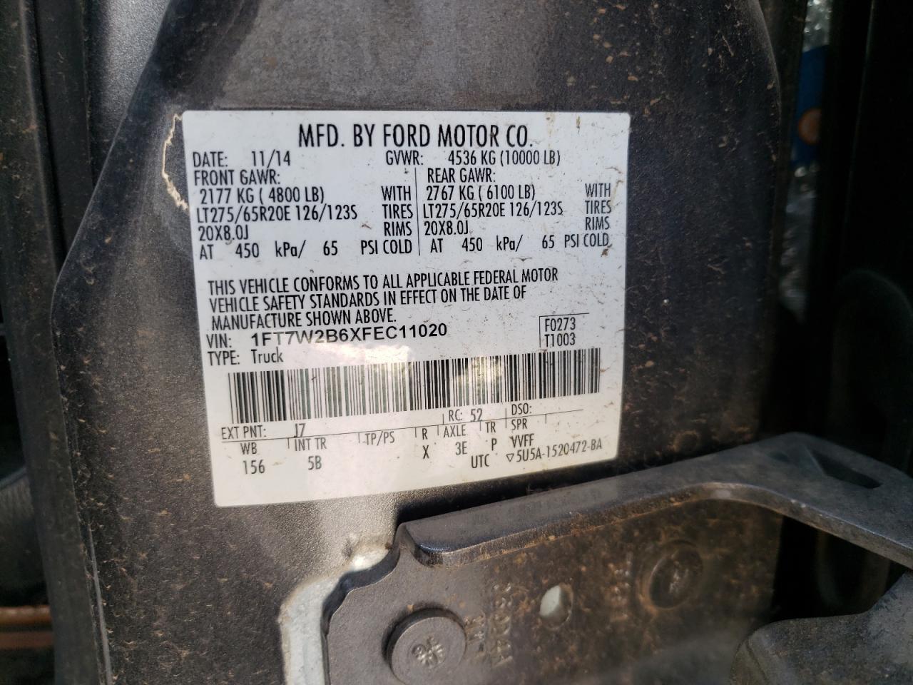 Photo 10 from auction – 2015 FORD F250 SUPER with VIN 1FT7W2B6XFEC11020