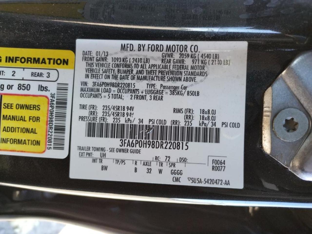 Photo 10 from auction – 2013 FORD FUSION SE with VIN 3FA6P0H98DR220815