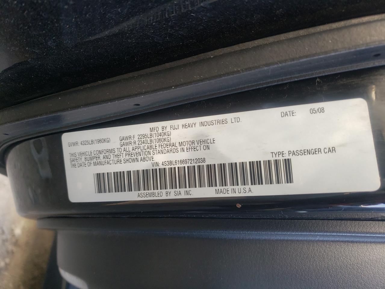 Photo 10 from auction – 2009 SUBARU LEGACY 2.5 with VIN 4S3BL616697212038