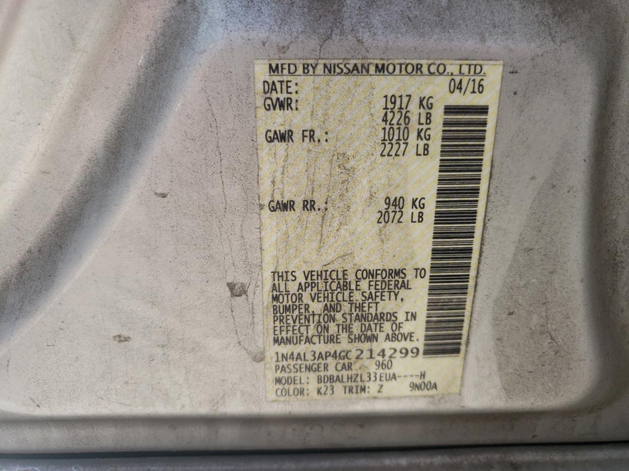 Photo 10 from auction – 2016 NISSAN ALTIMA 2.5 with VIN 1N4AL3AP4GC214299