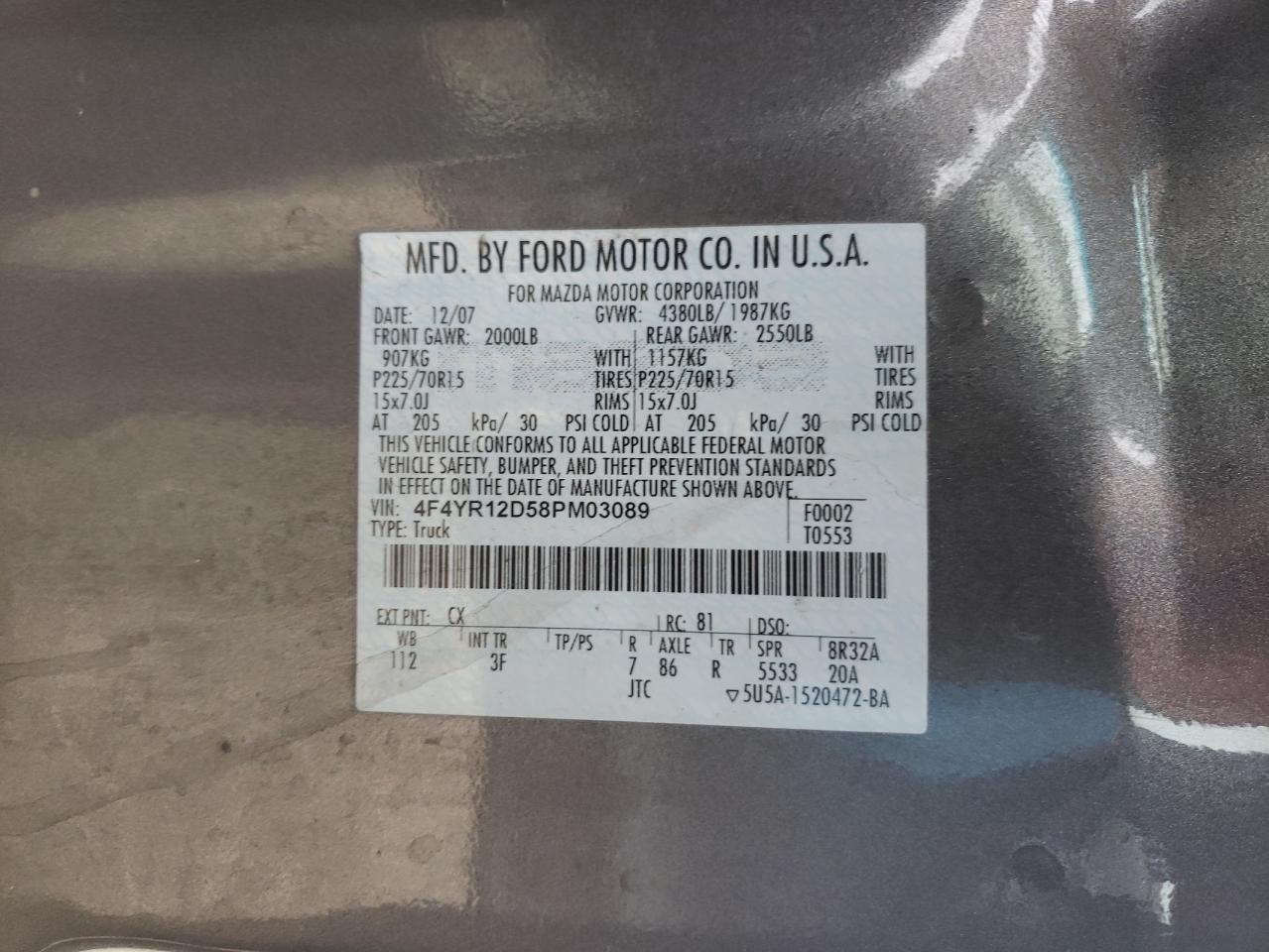 Photo 10 from auction – 2008 MAZDA B2300 with VIN 4F4YR12D58PM03089