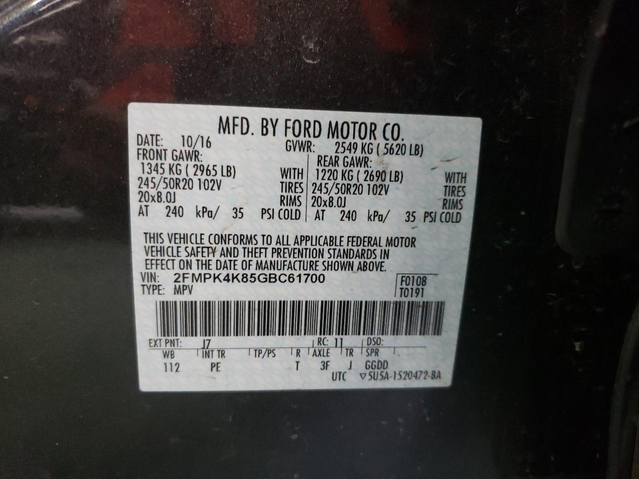 Photo 10 from auction – 2016 FORD EDGE TITAN with VIN 2FMPK4K85GBC61700