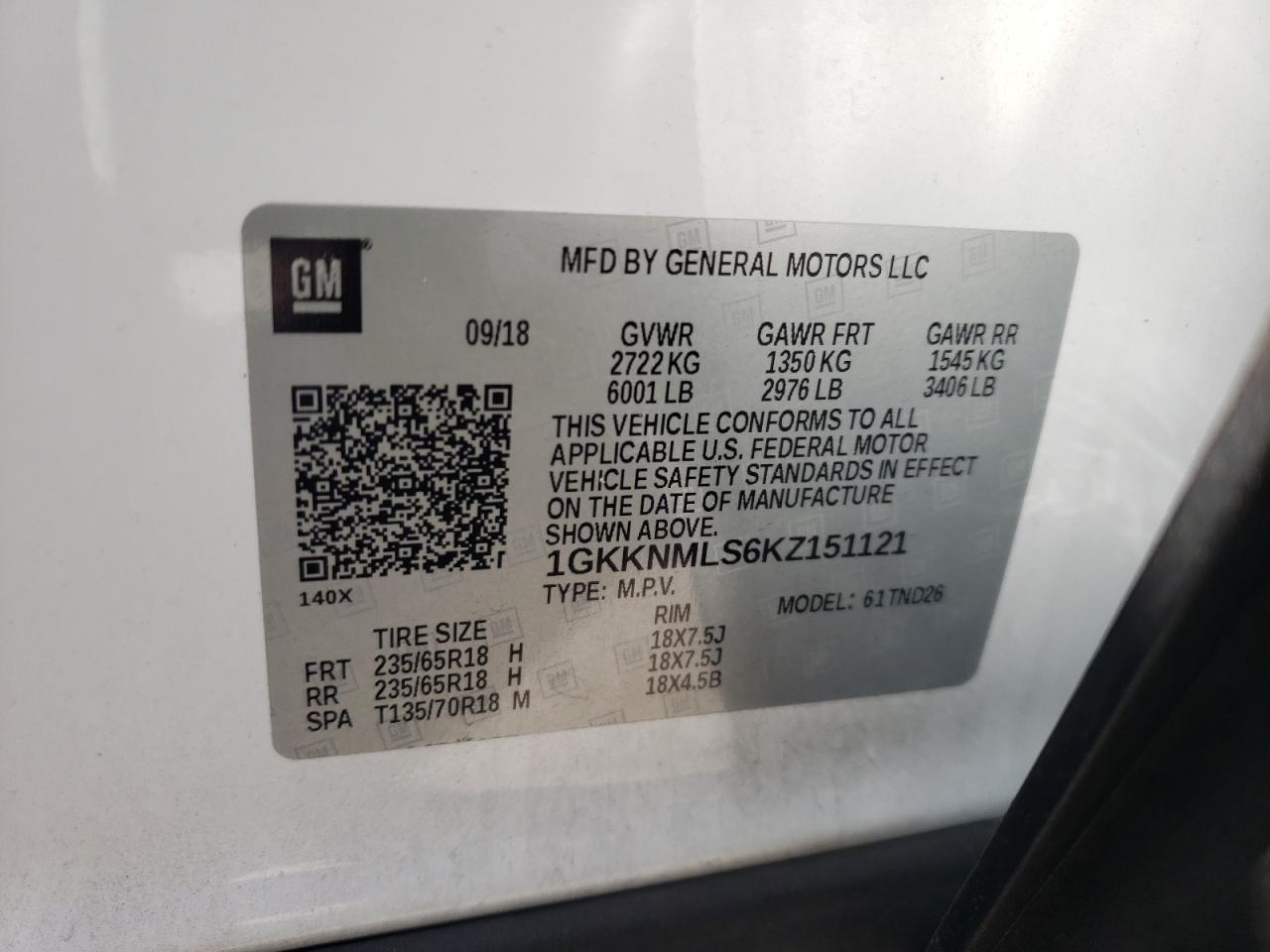 Photo 10 from auction – 2019 GMC ACADIA SLT with VIN 1GKKNMLS6KZ151121