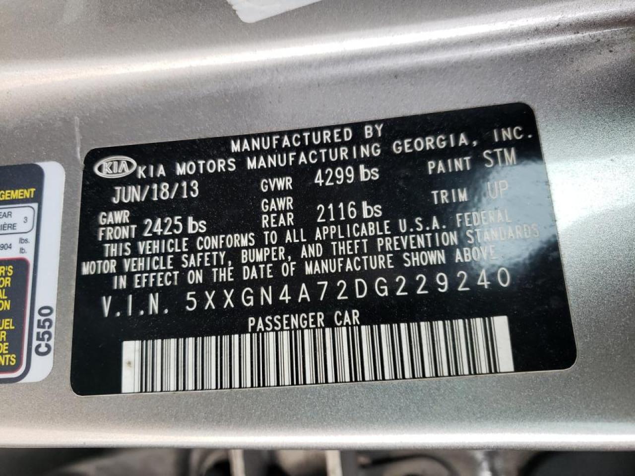 Photo 10 from auction – 2013 KIA OPTIMA EX with VIN 5XXGN4A72DG229240