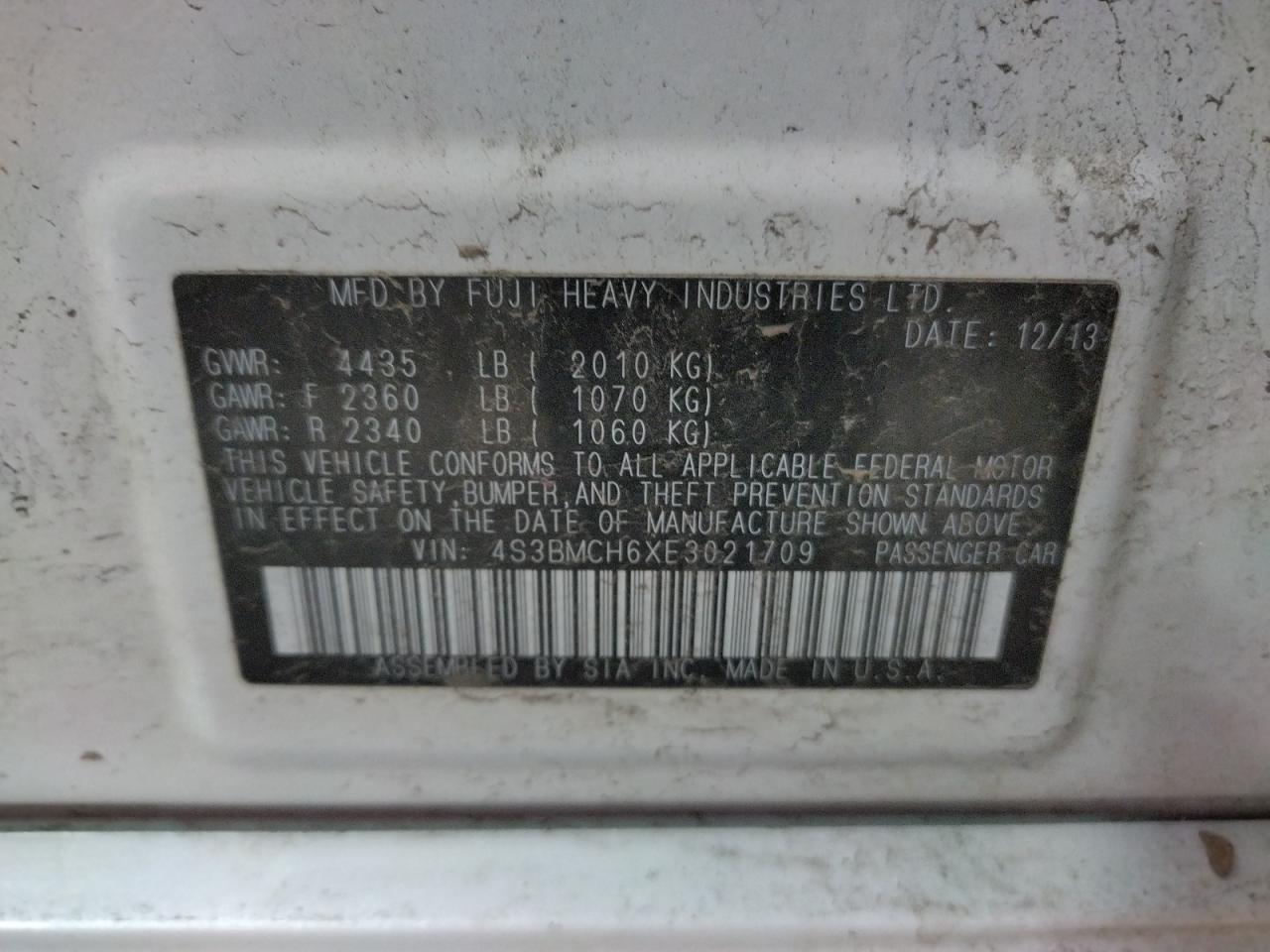 Photo 10 from auction – 2014 SUBARU LEGACY 2.5 with VIN 4S3BMCH6XE3021709