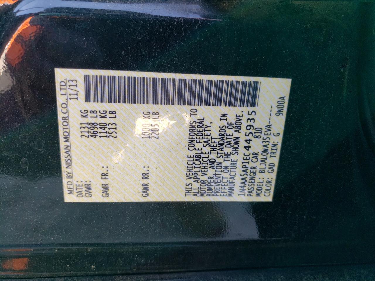 Photo 10 from auction – 2014 NISSAN MAXIMA S with VIN 1N4AA5AP1EC445935