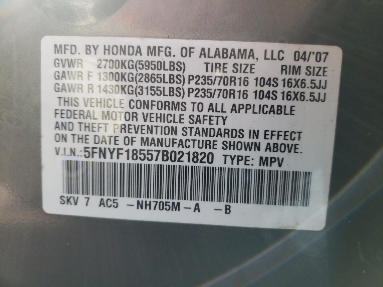 Photo 10 from auction – 2007 HONDA PILOT EXL with VIN 5FNYF18557B021820