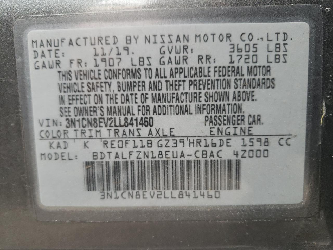 Photo 10 from auction – 2020 NISSAN VERSA SV with VIN 3N1CN8EV2LL841460