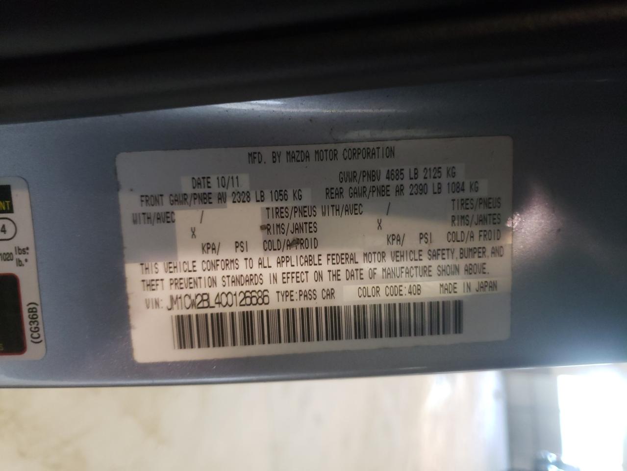 Photo 10 from auction – 2012 MAZDA 5 with VIN JM1CW2BL4C0126686