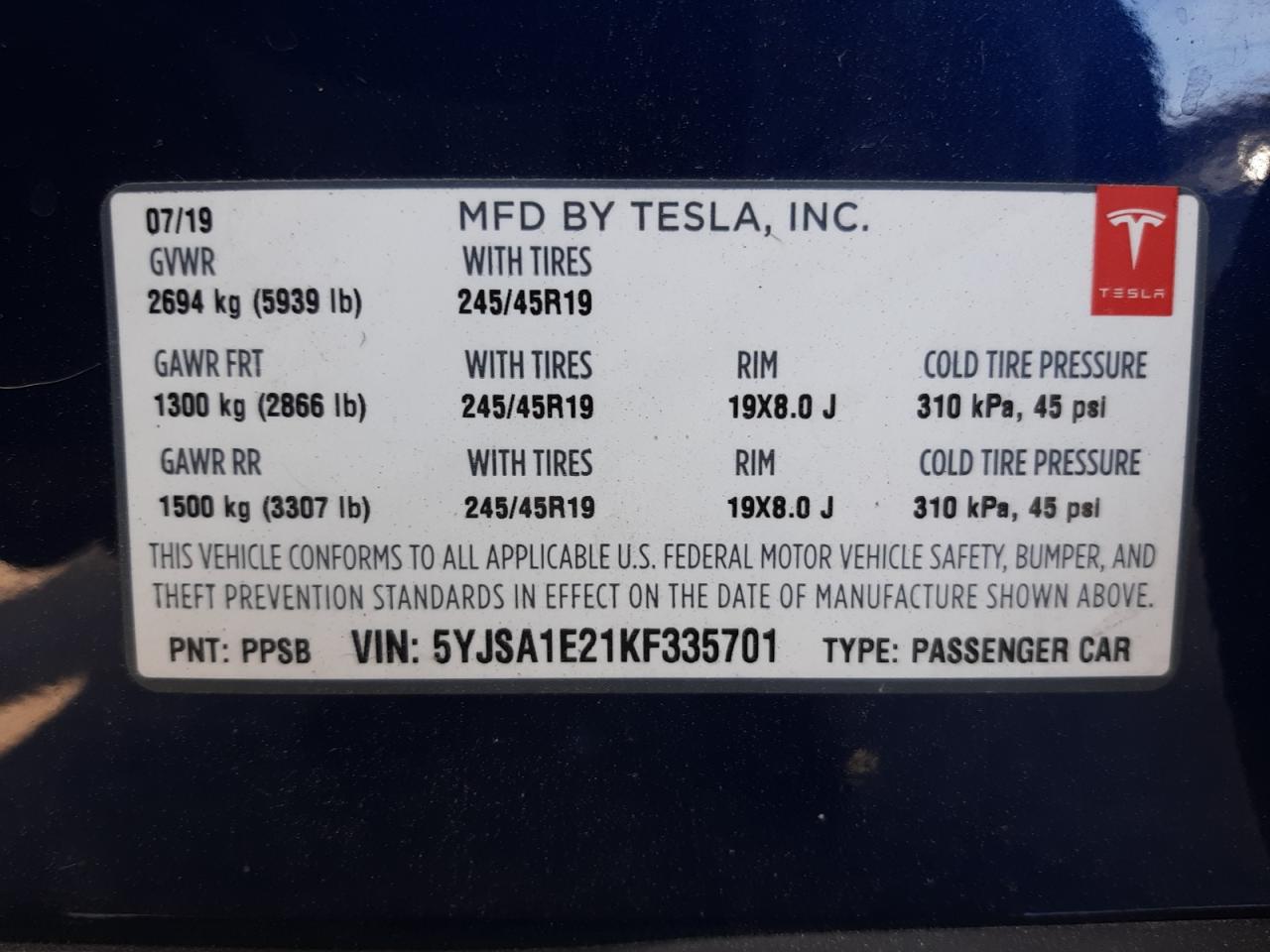 Photo 10 from auction – 2019 TESLA MODEL S with VIN 5YJSA1E21KF335701