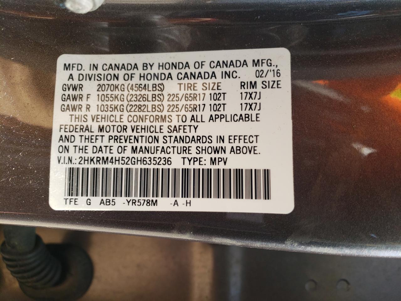 Photo 10 from auction – 2016 HONDA CR-V EX with VIN 2HKRM4H52GH635236