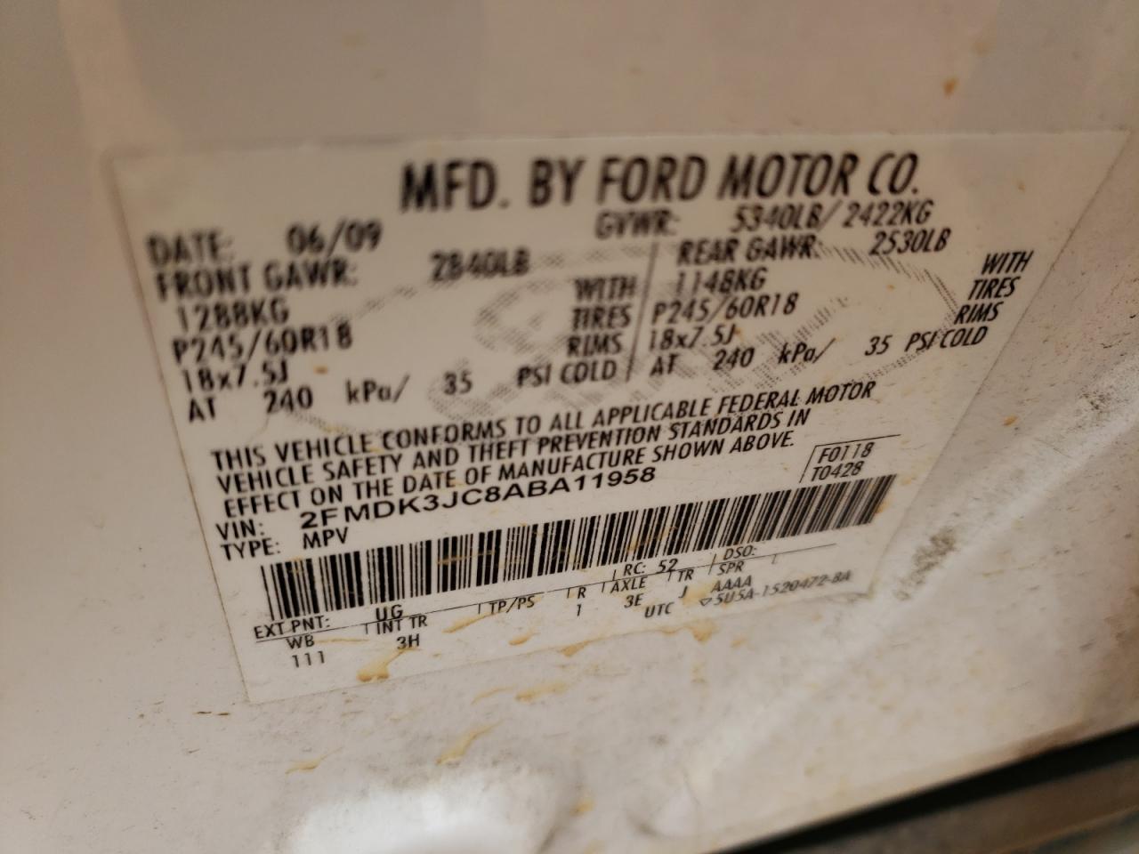 Photo 10 from auction – 2010 FORD EDGE SEL with VIN 2FMDK3JC8ABA11958
