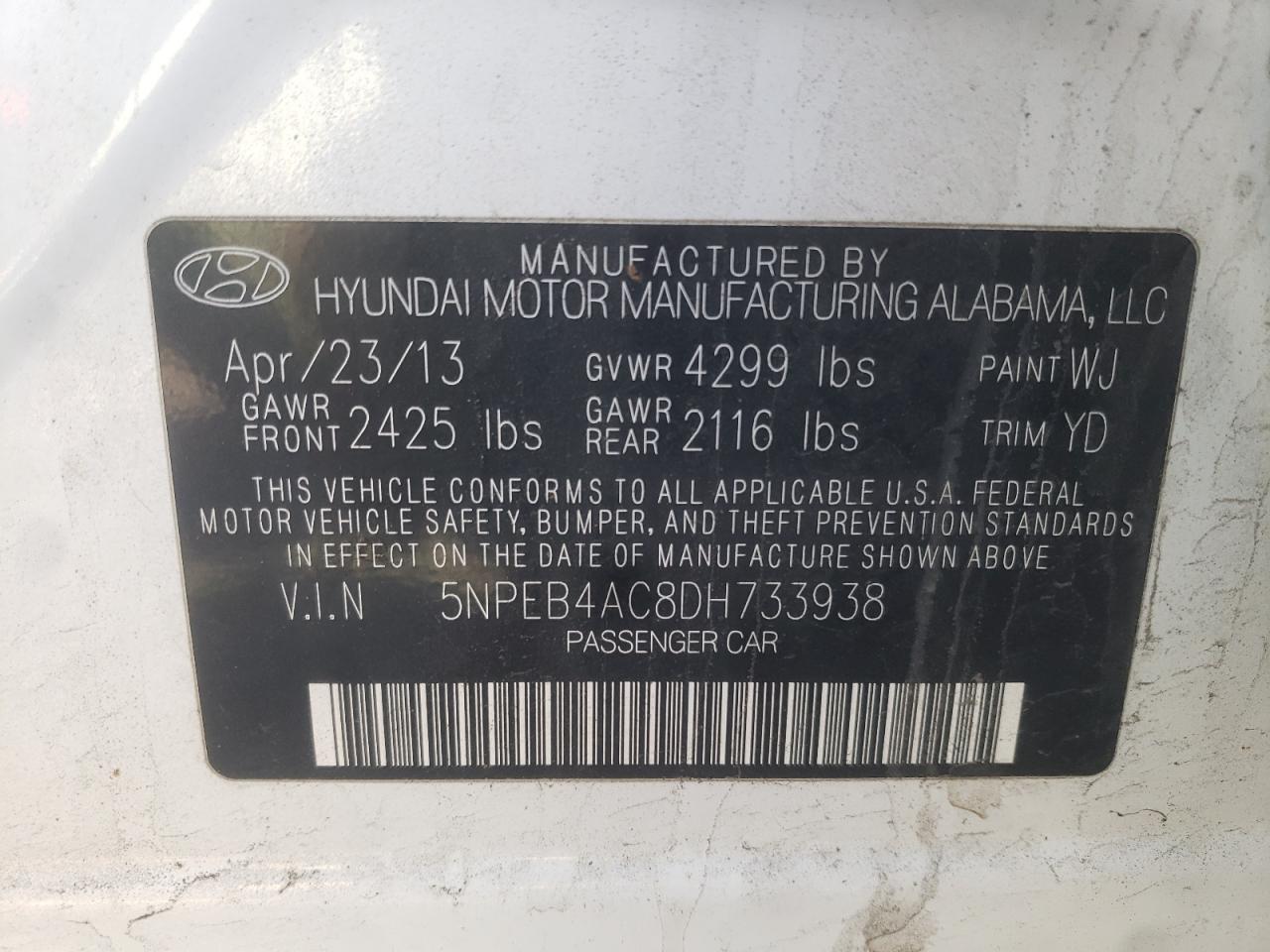 Photo 10 from auction – 2013 HYUNDAI SONATA GLS with VIN 5NPEB4AC8DH733938