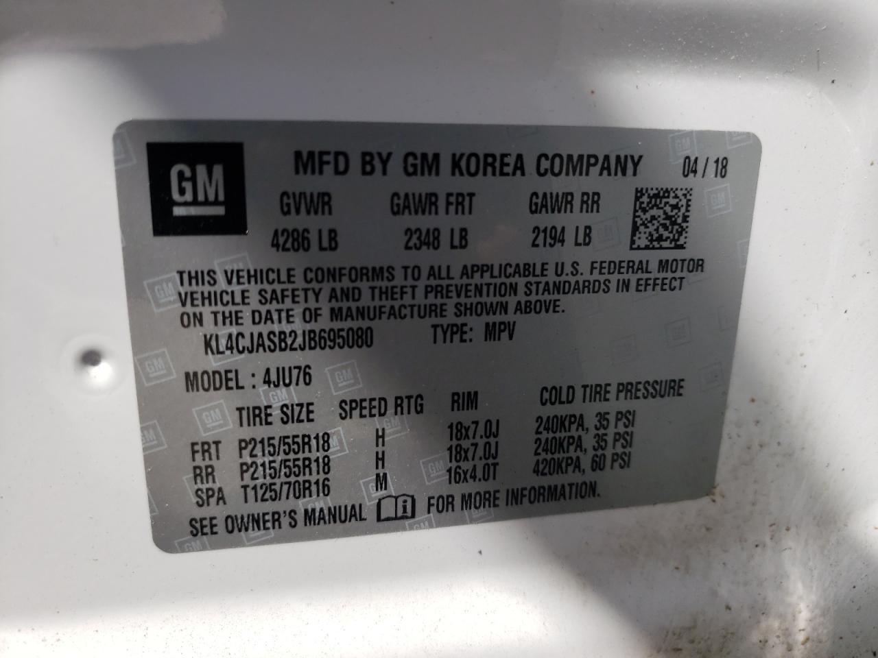 Photo 10 from auction – 2018 BUICK ENCORE PRE with VIN KL4CJASB2JB695080