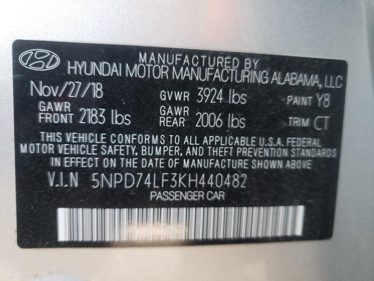 Photo 10 from auction – 2019 HYUNDAI ELANTRA SE with VIN 5NPD74LF3KH440482