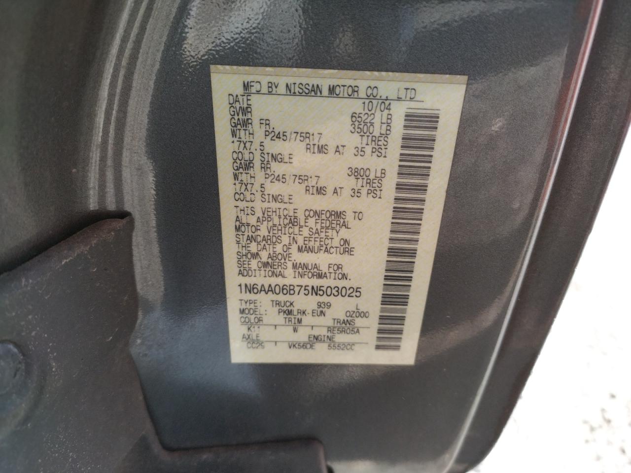 Photo 10 from auction – 2005 NISSAN TITAN with VIN 1N6AA06B75N503025