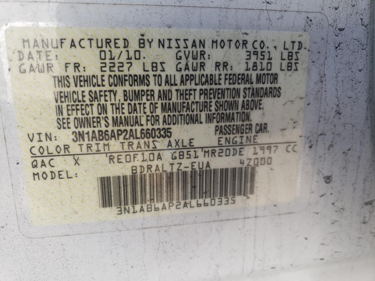 Photo 10 from auction – 2010 NISSAN SENTRA 2.0 with VIN 3N1AB6AP2AL660335