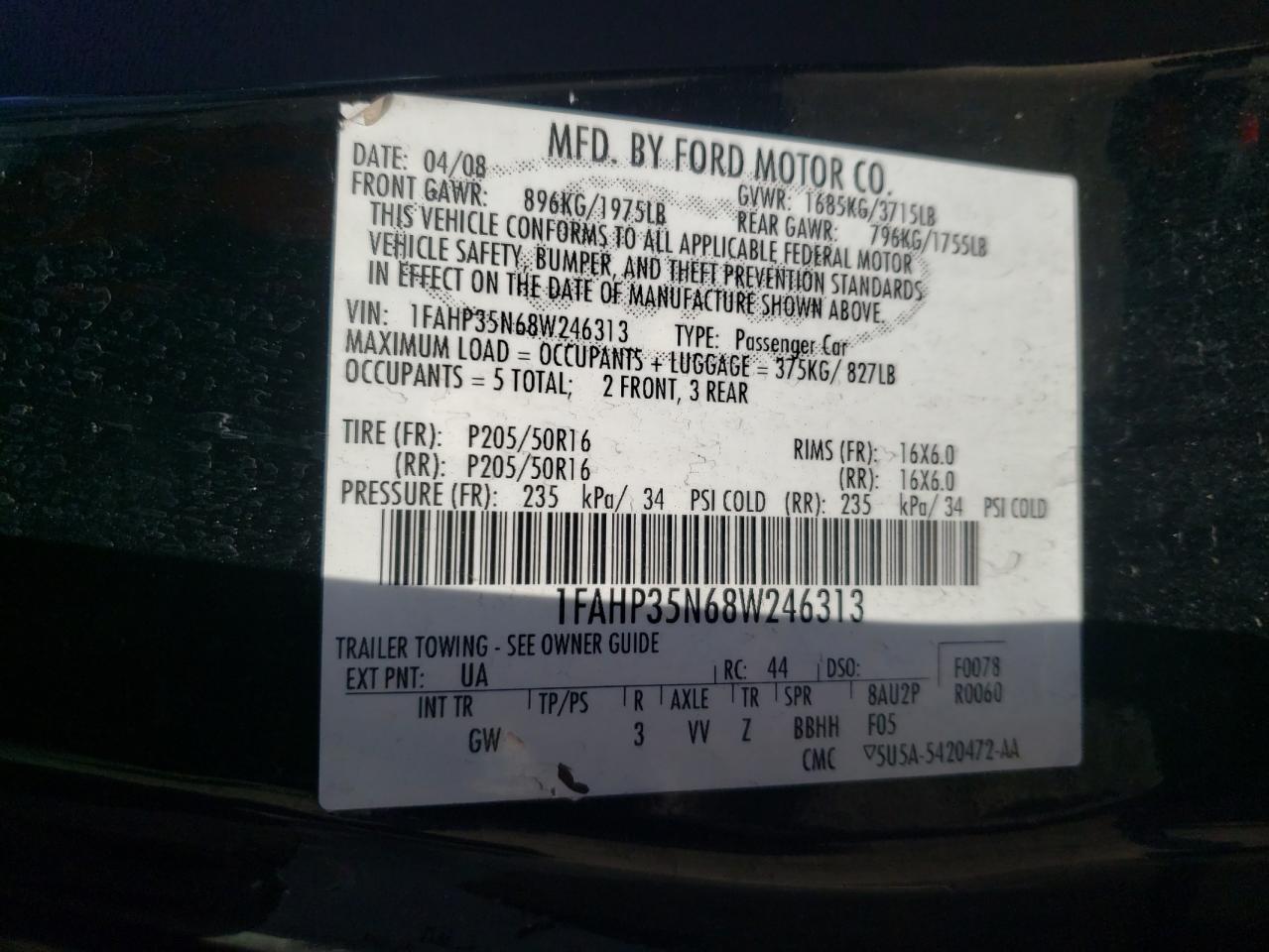 Photo 10 from auction – 2008 FORD FOCUS SE with VIN 1FAHP35N68W246313