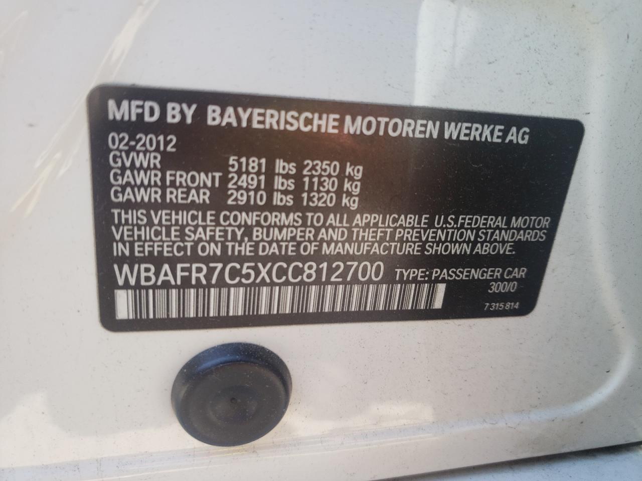 Photo 10 from auction – 2012 BMW 535 I with VIN WBAFR7C5XCC812700