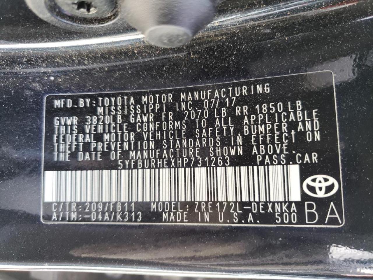 Photo 10 from auction – 2017 TOYOTA COROLLA LE with VIN 5YFBURHEXHP731263