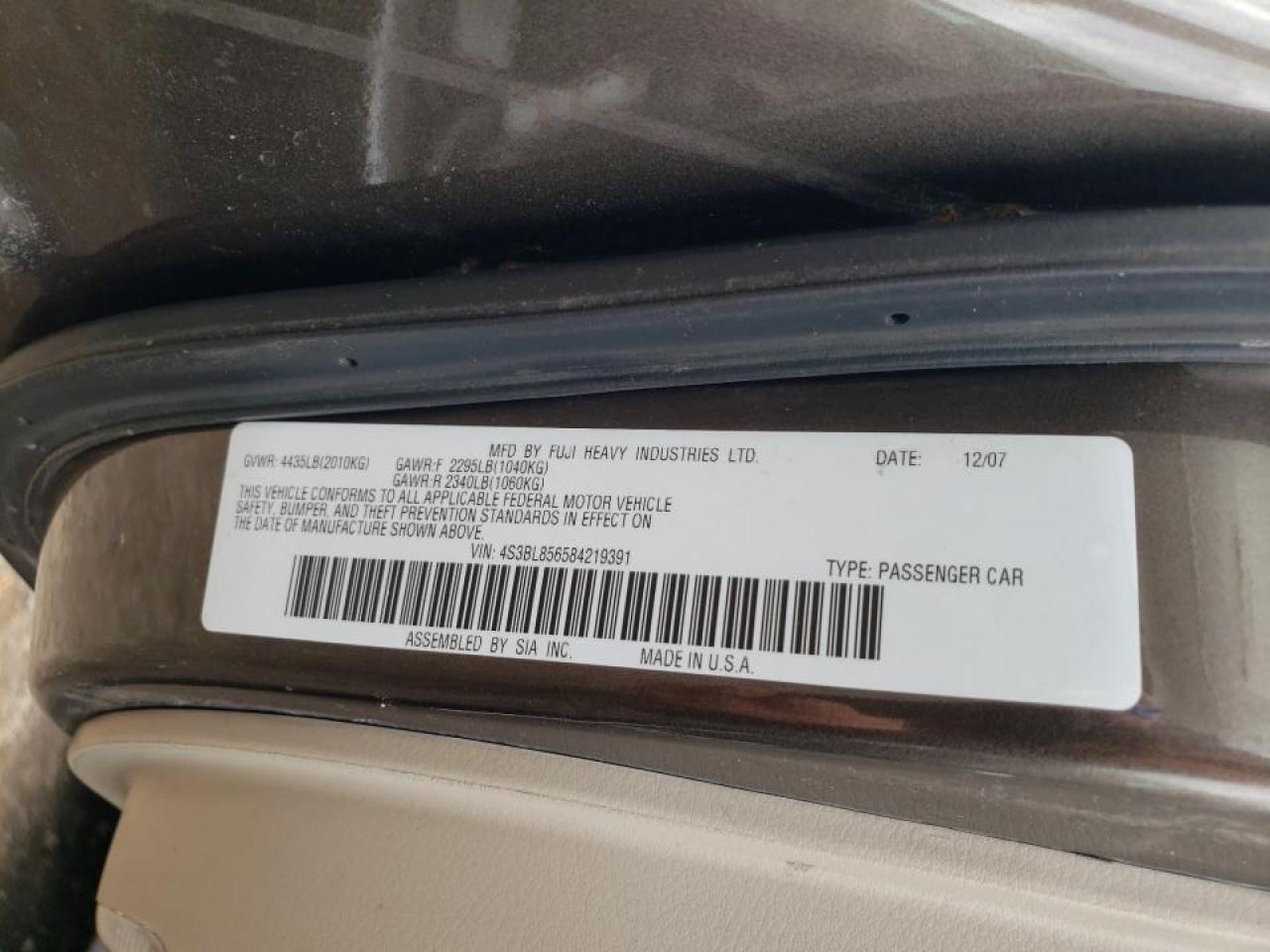 Photo 10 from auction – 2008 SUBARU LEGACY 3.0 with VIN 4S3BL856584219391