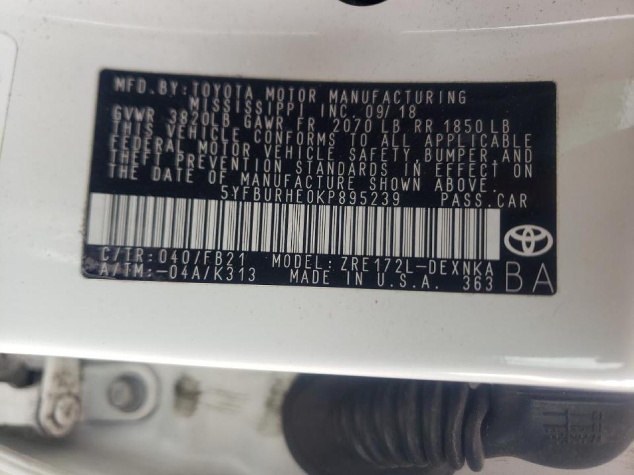 Photo 10 from auction – 2019 TOYOTA COROLLA L with VIN 5YFBURHE0KP895239