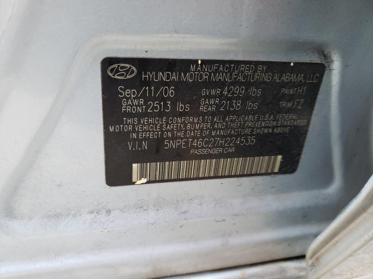 Photo 10 from auction – 2007 HYUNDAI SONATA GLS with VIN 5NPET46C27H224535