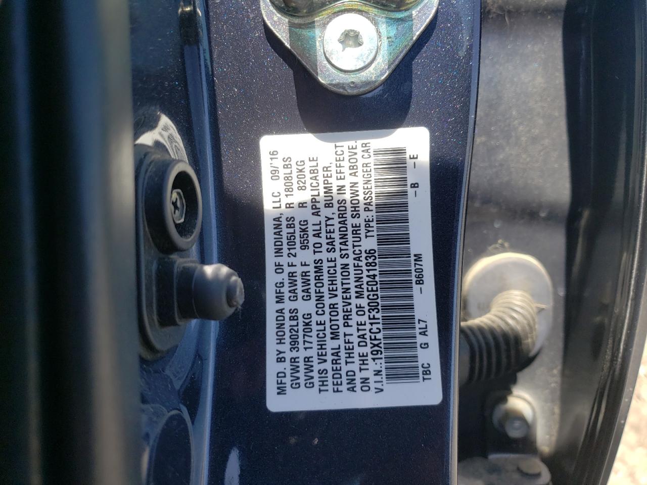 Photo 10 from auction – 2016 HONDA CIVIC EX with VIN 19XFC1F30GE041836