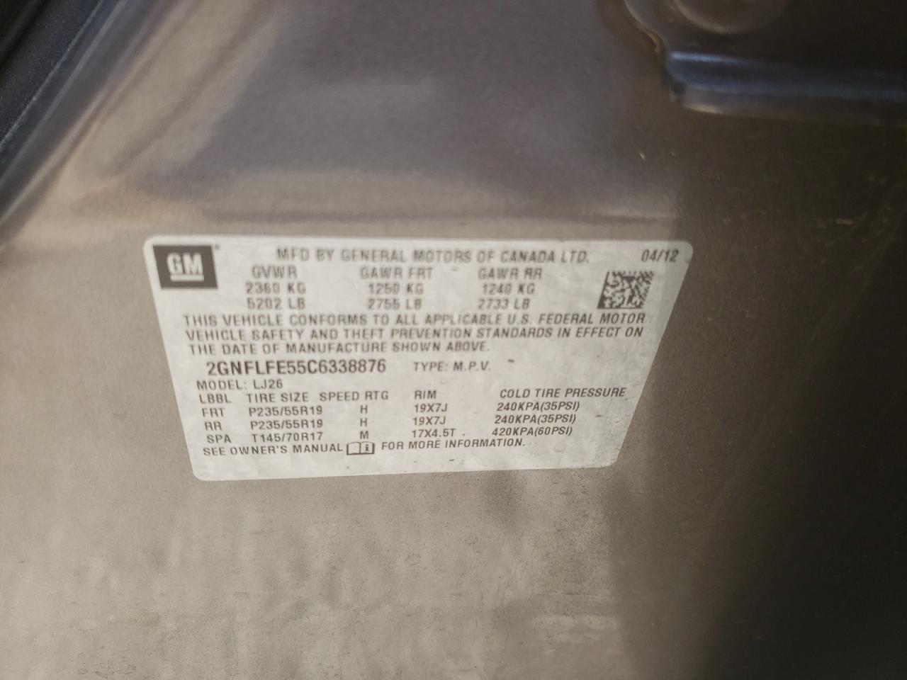 Photo 10 from auction – 2012 CHEVROLET EQUINOX LT with VIN 2GNFLFE55C6338876