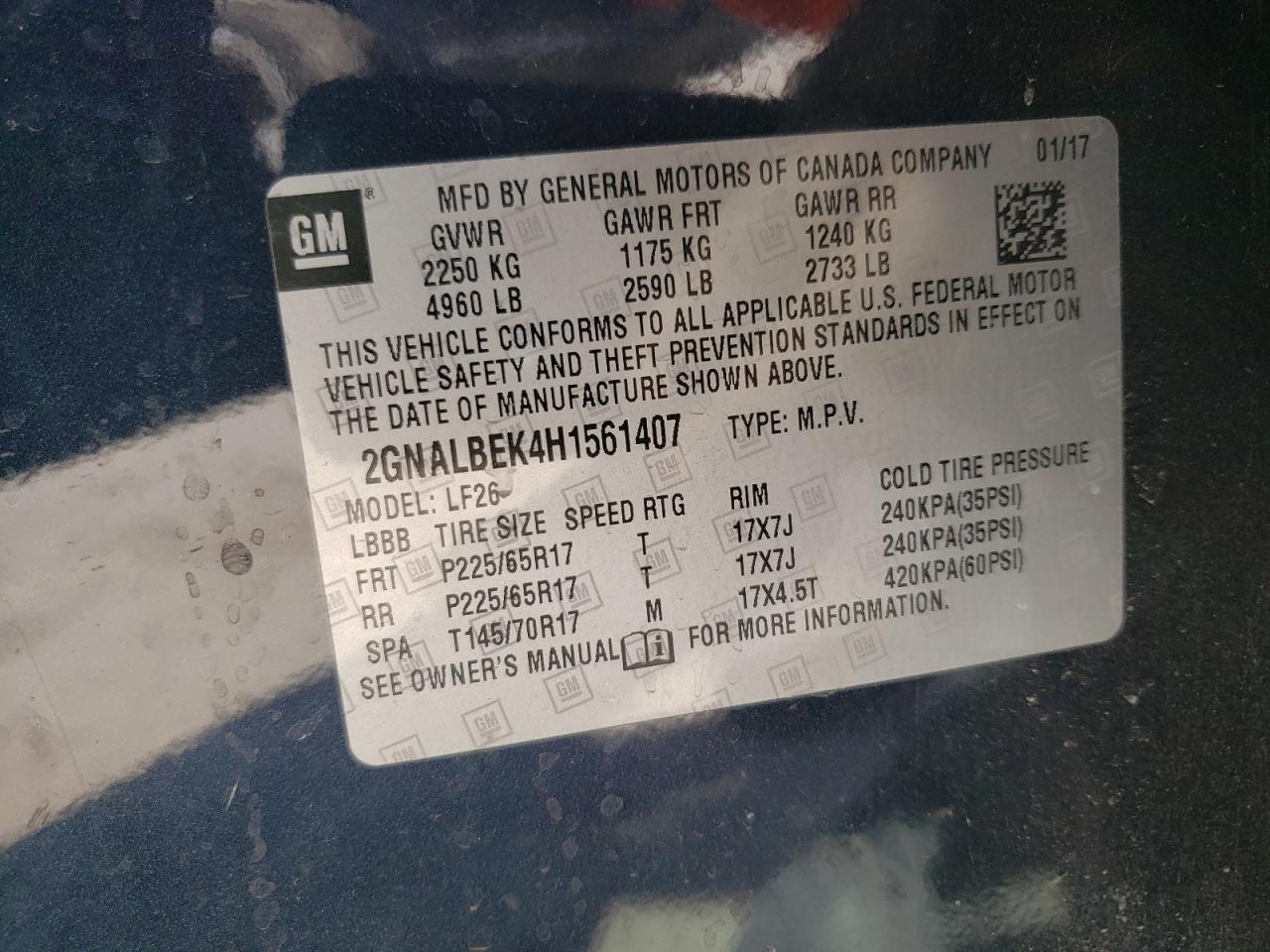 Photo 10 from auction – 2017 CHEVROLET EQUINOX LS with VIN 2GNALBEK4H1561407