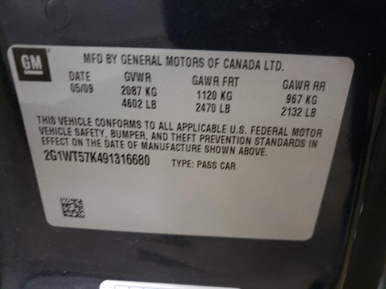 Photo 10 from auction – 2009 CHEVROLET IMPALA 1LT with VIN 2G1WT57K491316680