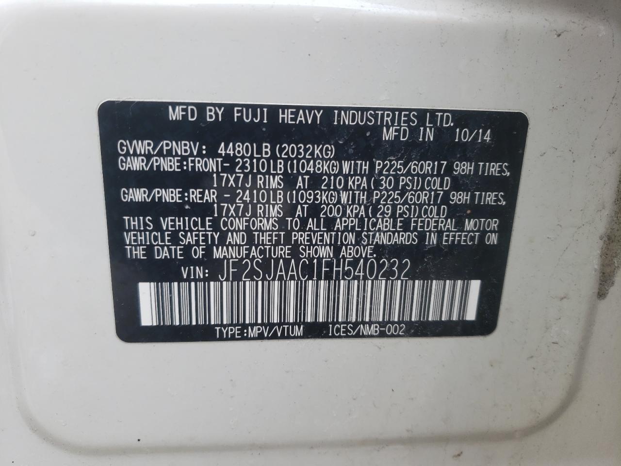 Photo 10 from auction – 2015 SUBARU FORESTER 2 with VIN JF2SJAAC1FH540232