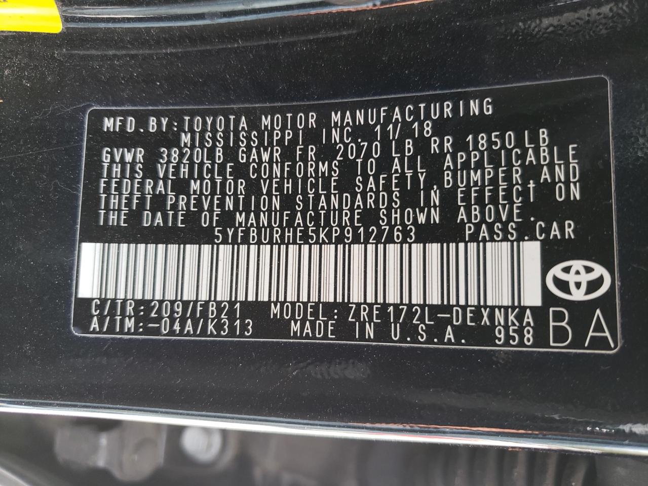 Photo 10 from auction – 2019 TOYOTA COROLLA L with VIN 5YFBURHE5KP912763