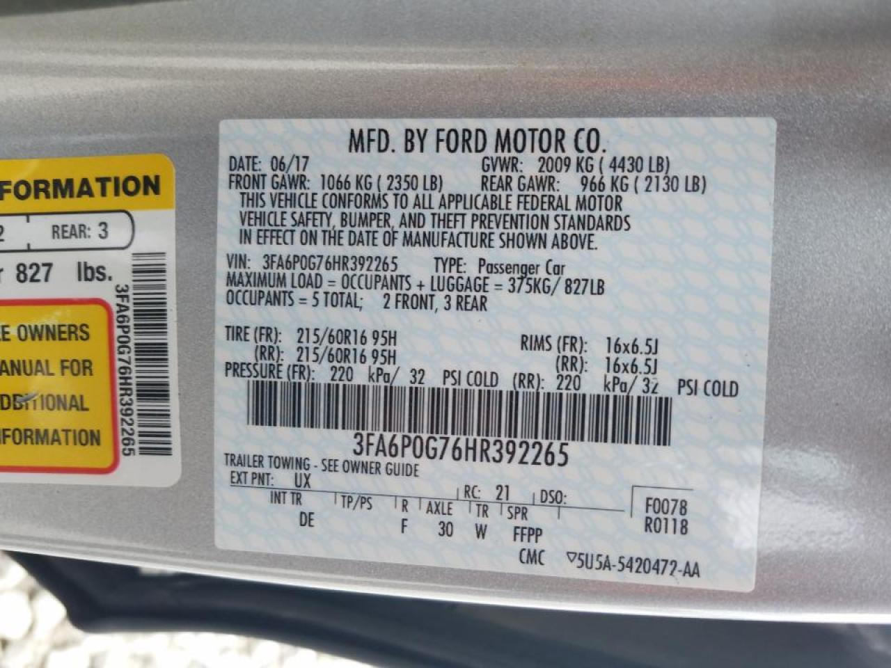 Photo 10 from auction – 2017 FORD FUSION S with VIN 3FA6P0G76HR392265