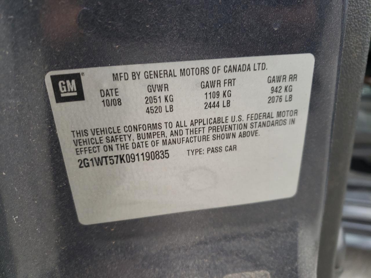 Photo 10 from auction – 2009 CHEVROLET IMPALA 1LT with VIN 2G1WT57K091190835