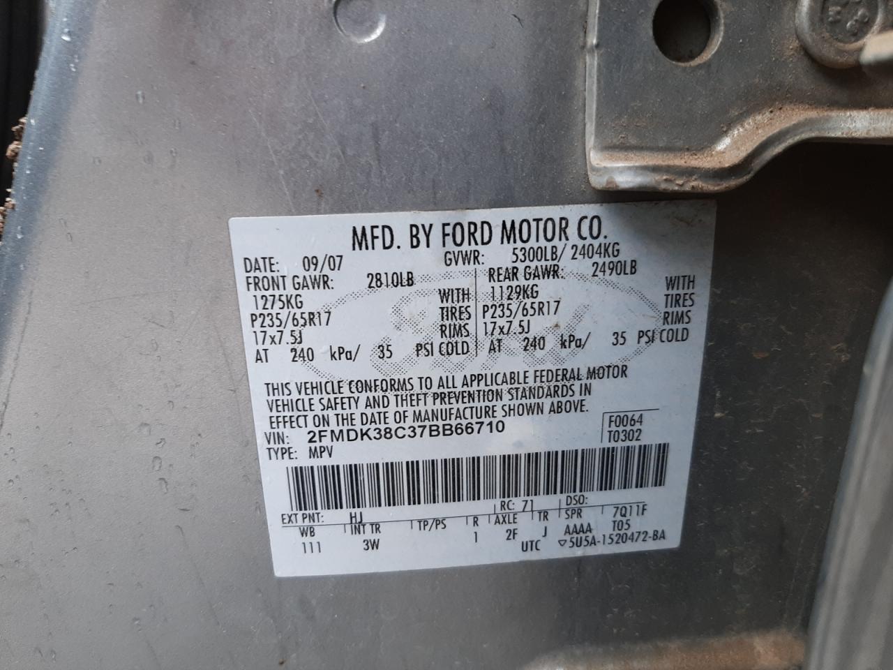 Photo 10 from auction – 2007 FORD EDGE SEL with VIN 2FMDK38C37BB66710