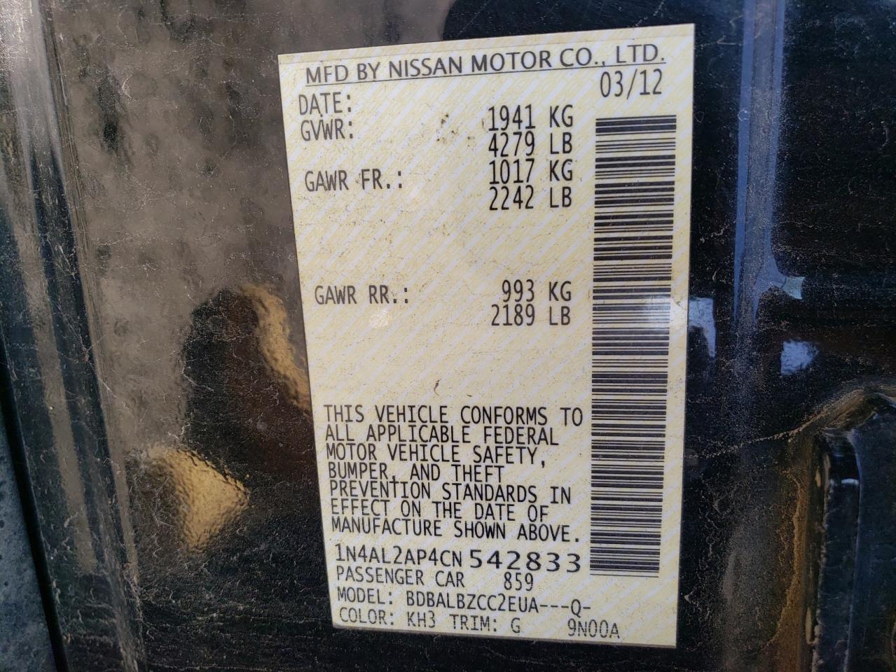 Photo 10 from auction – 2012 NISSAN ALTIMA with VIN 1N4AL2AP4CN542833