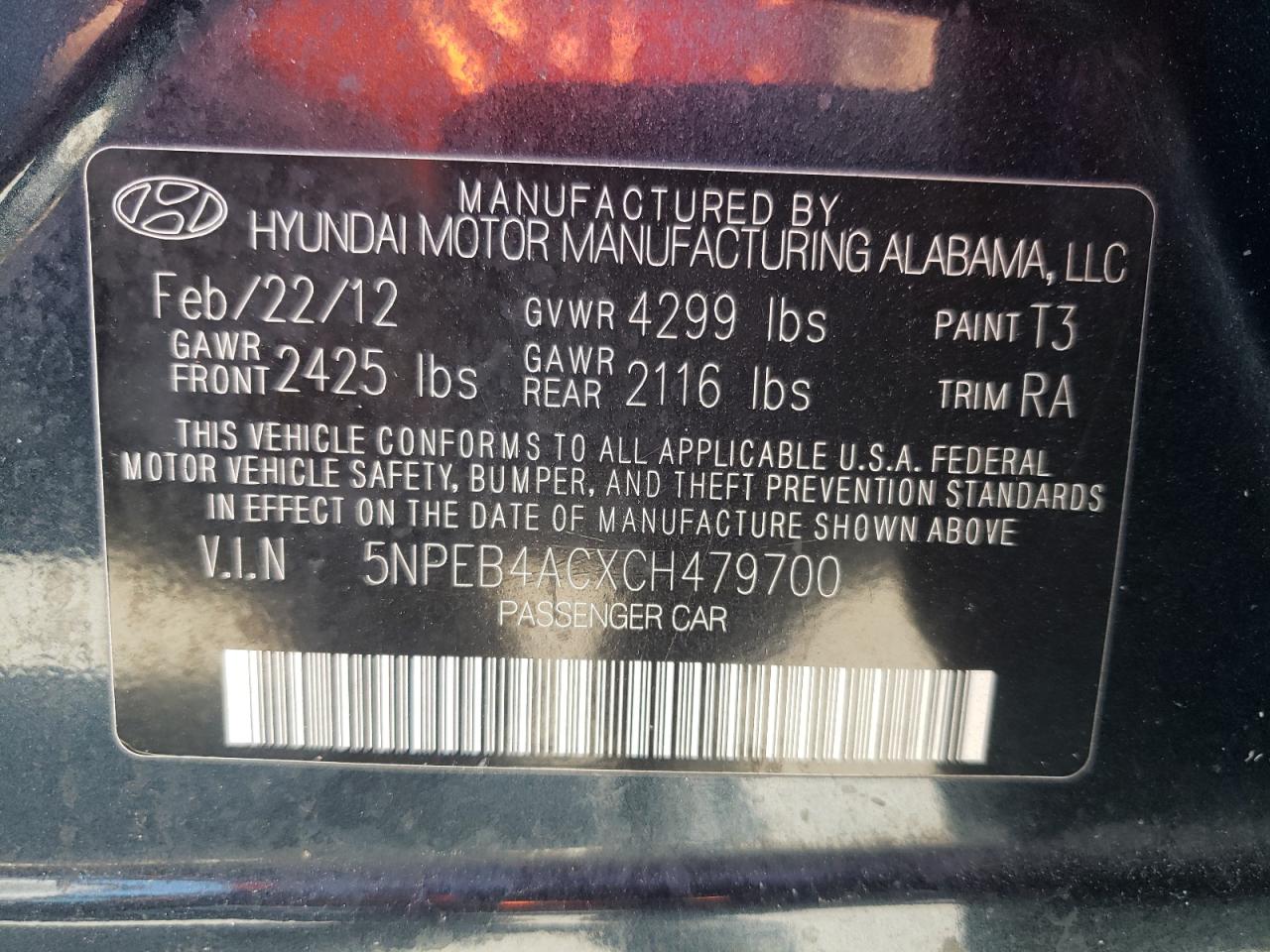 Photo 10 from auction – 2012 HYUNDAI SONATA GLS with VIN 5NPEB4ACXCH479700