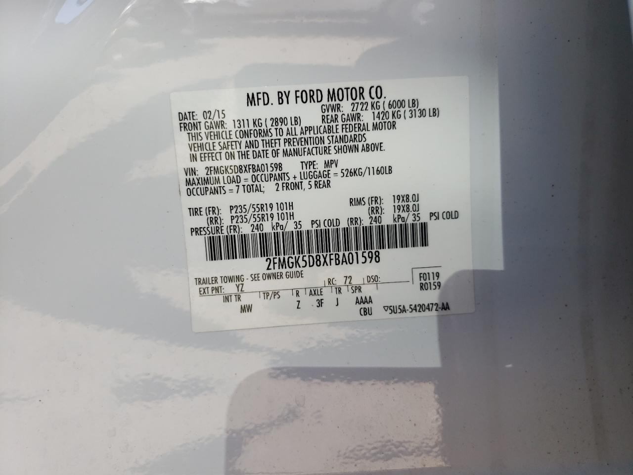 Photo 10 from auction – 2015 FORD FLEX LIMIT with VIN 2FMGK5D8XFBA01598