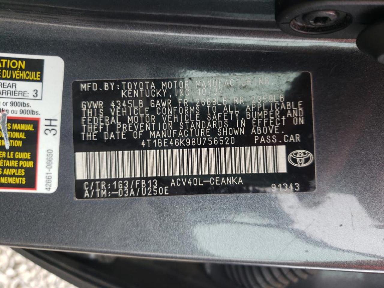 Photo 10 from auction – 2008 TOYOTA CAMRY CE with VIN 4T1BE46K98U756520