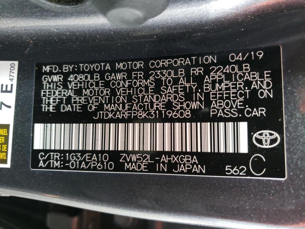 Photo 10 from auction – 2019 TOYOTA PRIUS PRIM with VIN JTDKARFP8K3119608