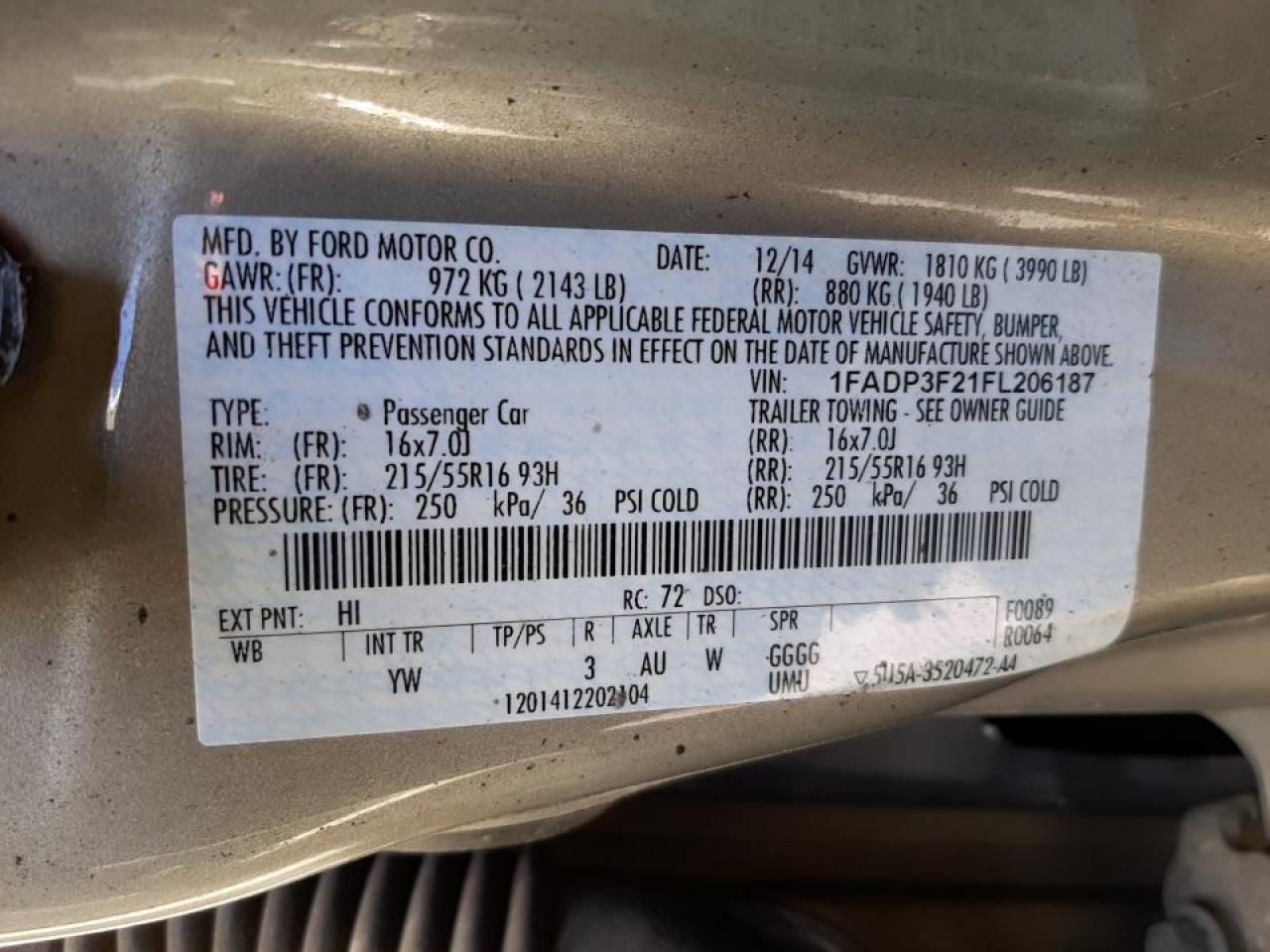 Photo 10 from auction – 2015 FORD FOCUS SE with VIN 1FADP3F21FL206187
