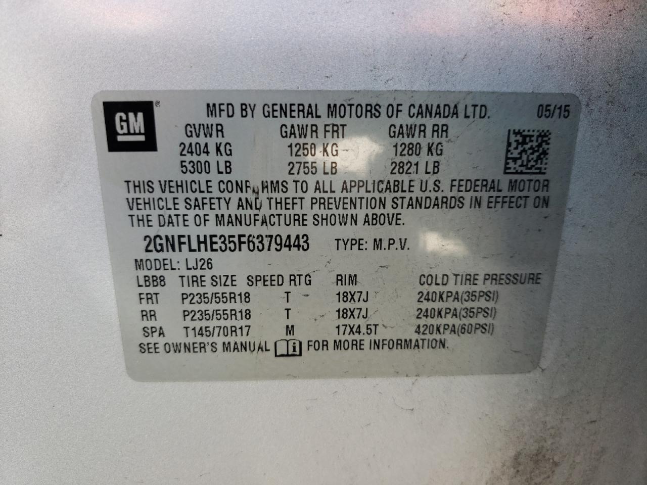 Photo 10 from auction – 2015 CHEVROLET EQUINOX LT with VIN 2GNFLHE35F6379443