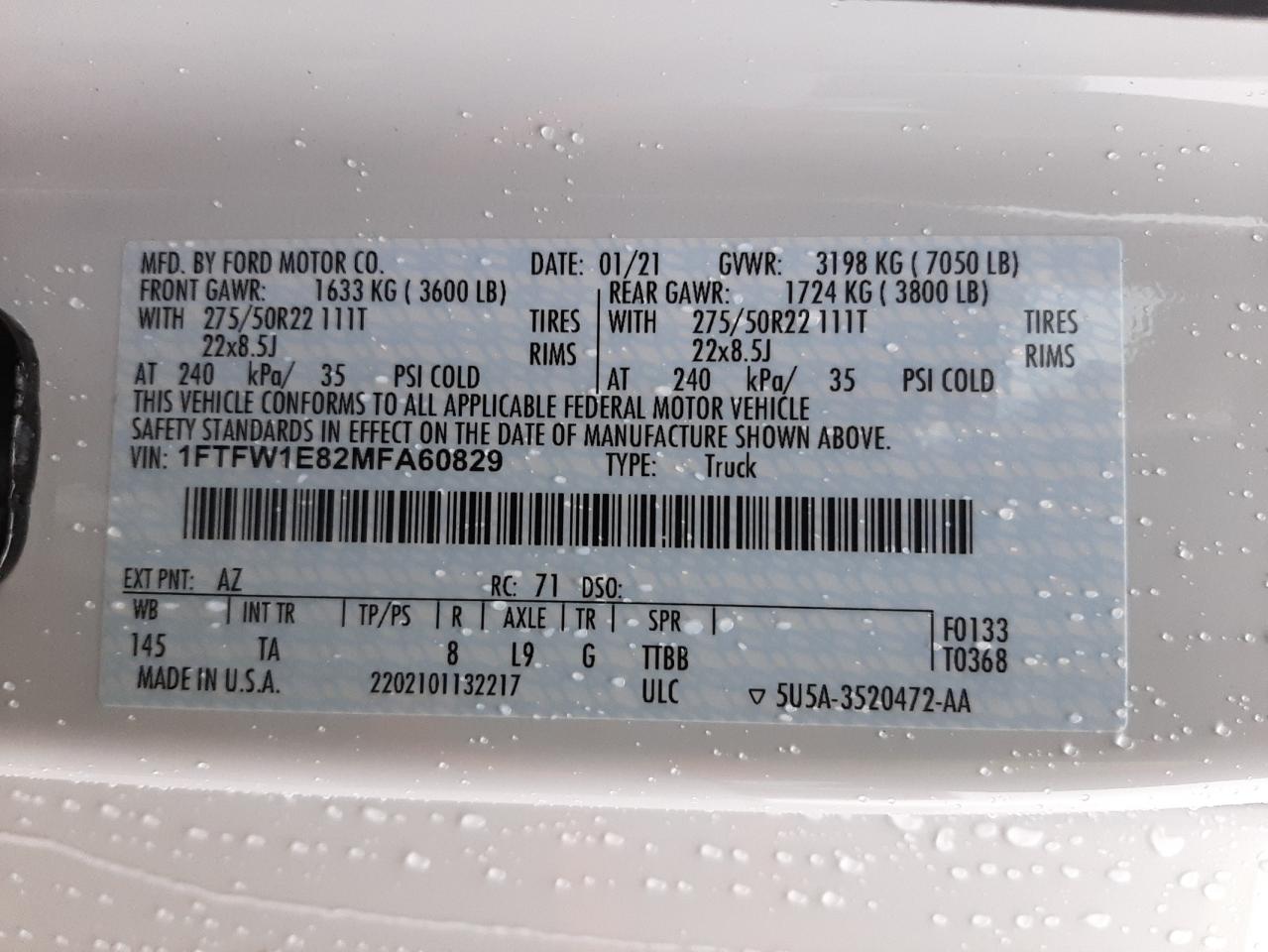 Photo 10 from auction – 2021 FORD F150 SUPER with VIN 1FTFW1E82MFA60829
