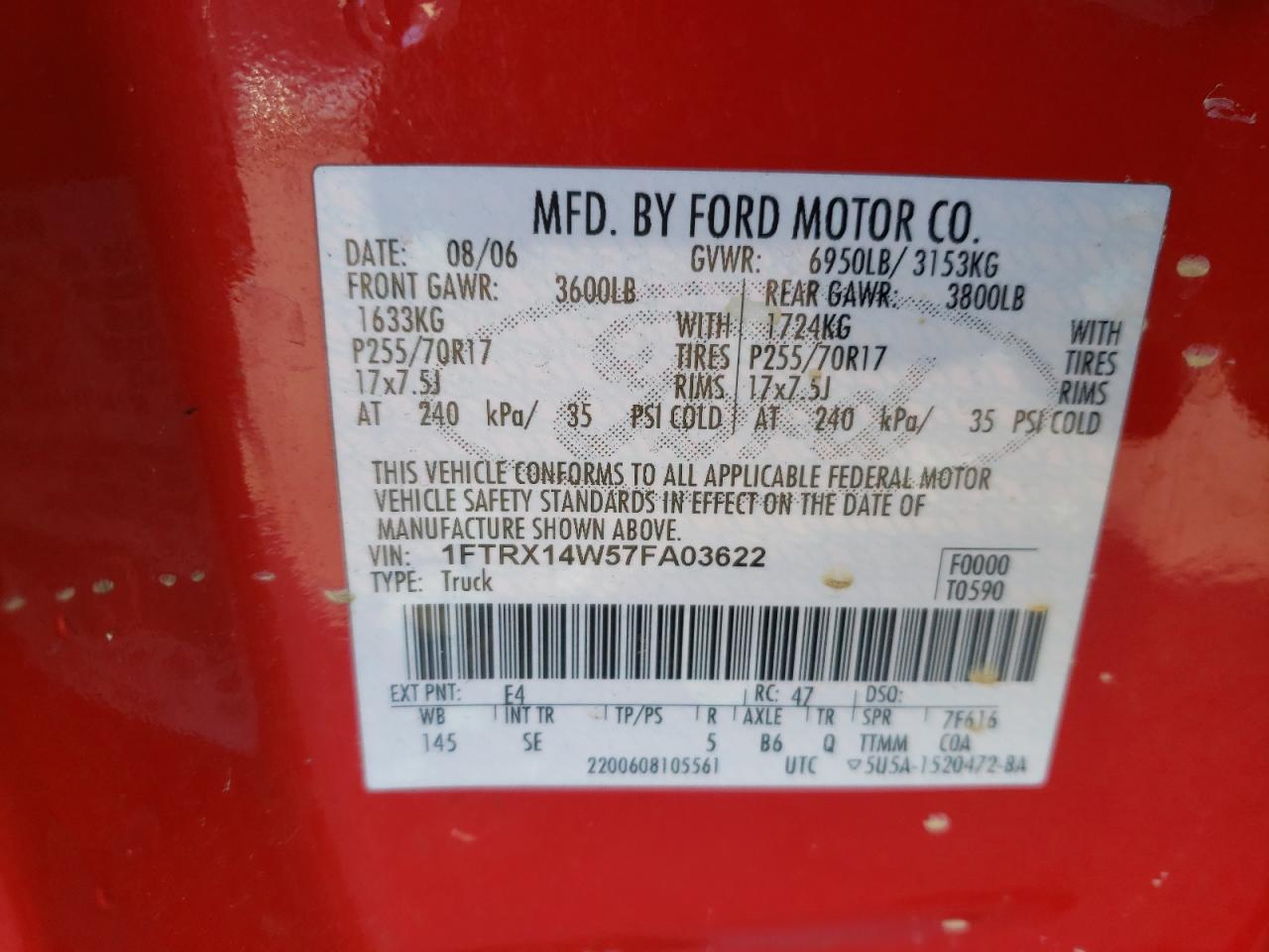 Foto 10 de la subasta – 2007 FORD F150 con VIN 1FTRX14W57FA03622