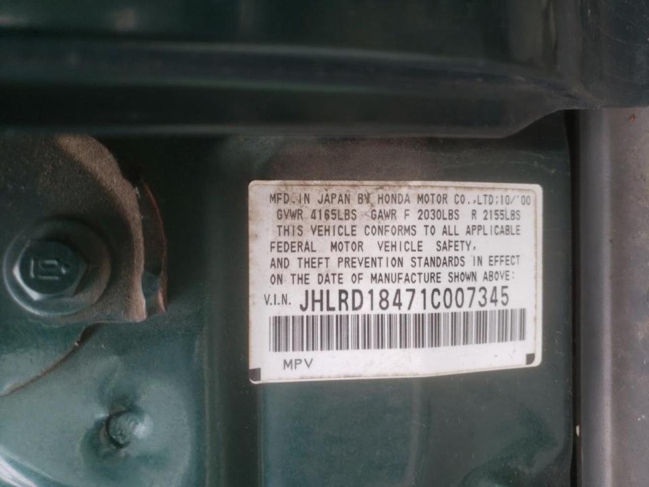 Photo 10 from auction – 2001 HONDA CR-V LX with VIN JHLRD18471C007345
